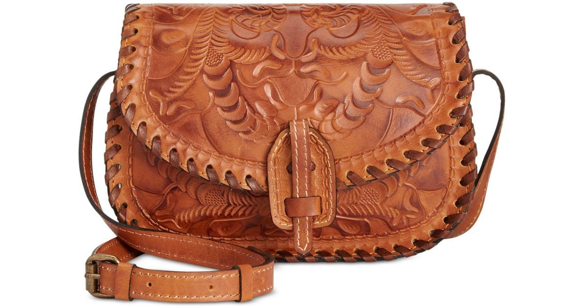 Patricia Nash Leather Burnished Tooled Nardini Saddle Bag in Gold