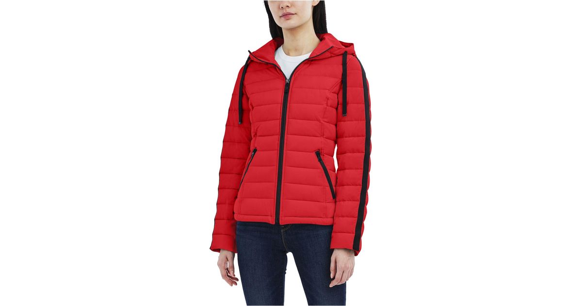 Nautica Synthetic Hooded Stretch Packable Puffer Coat in Red Lyst