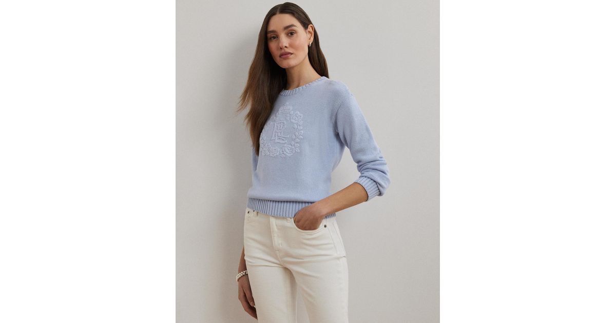 Ralph Lauren Floral-logo Combed Cotton Sweater in Blue | Lyst