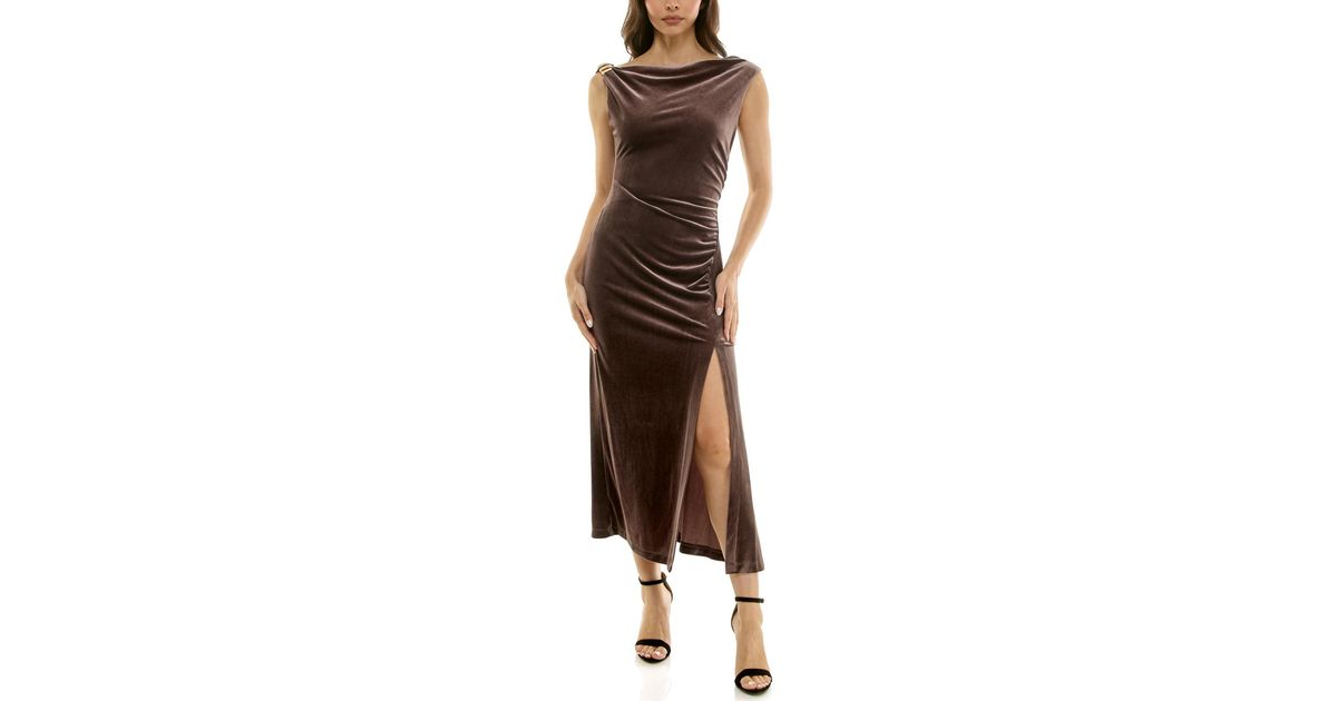 Taylor Draped Velvet Gold Accent Dress in Brown | Lyst