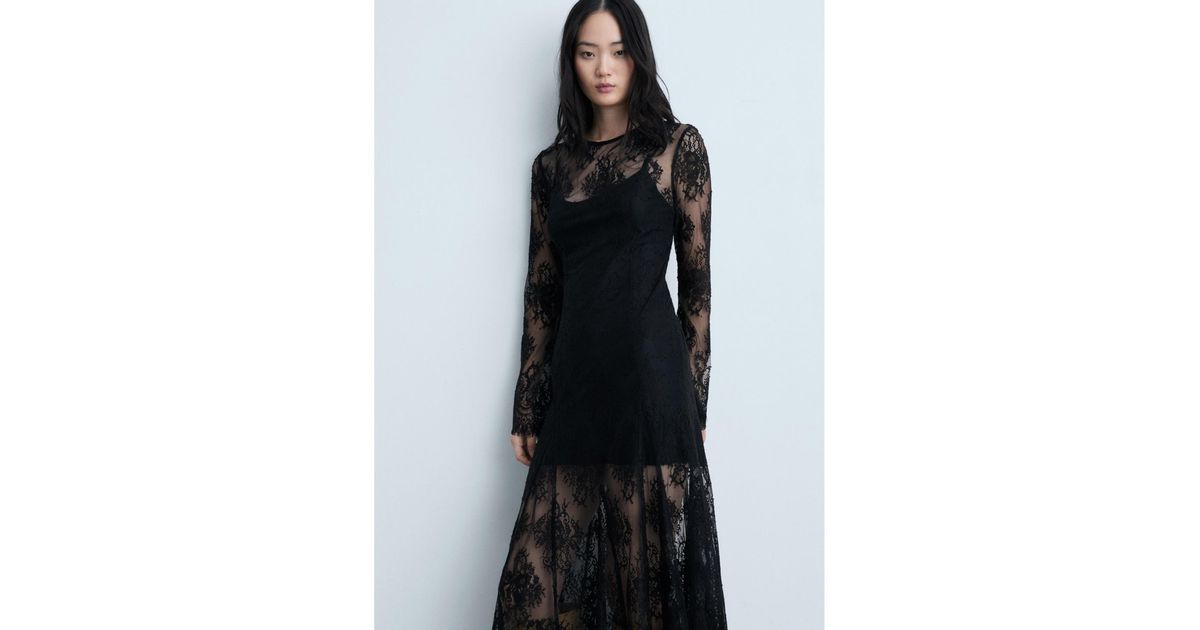Mango Semi-transparent Lace Long Dress in Black | Lyst
