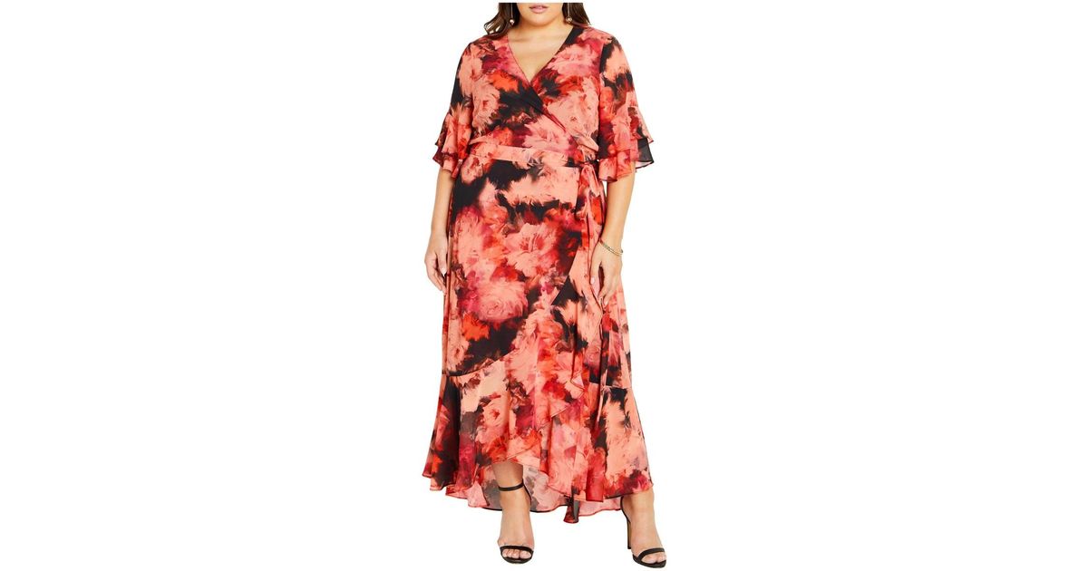 City Chic Plus Size Mischa Floral Wrap Ruffle Maxi Dress in Red | Lyst