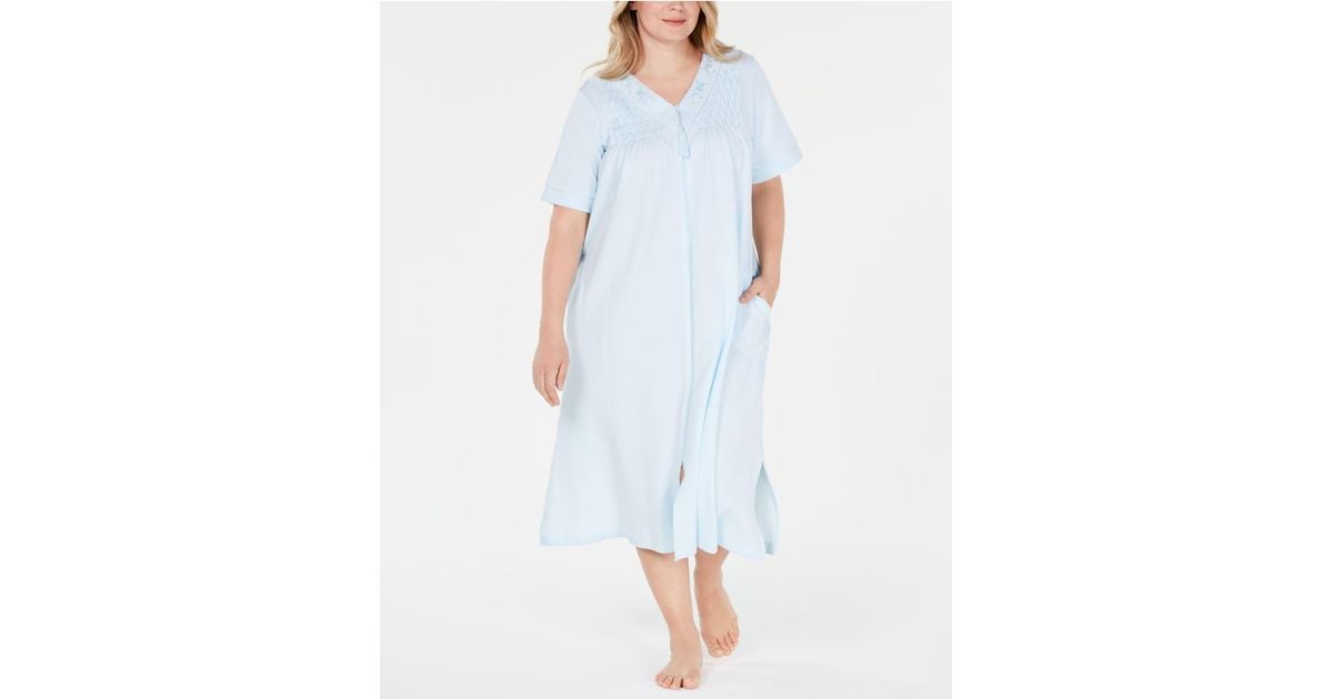 Miss Elaine Cotton Plussize Flowerembroidery Waffle Knit Zipup Robe