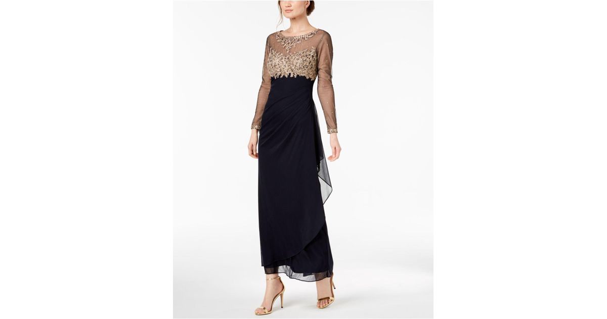 xscape petite embroidered illusion gown