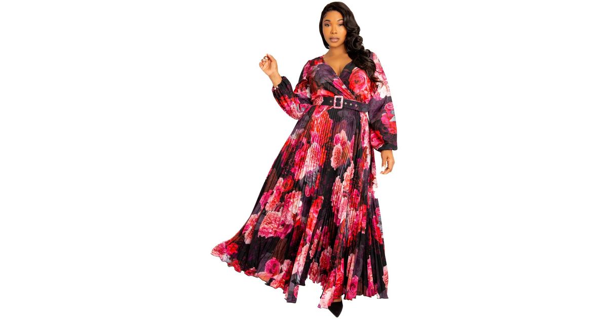 Buxom Couture Plus Size Floral Pleated Maxi Dress in Red | Lyst