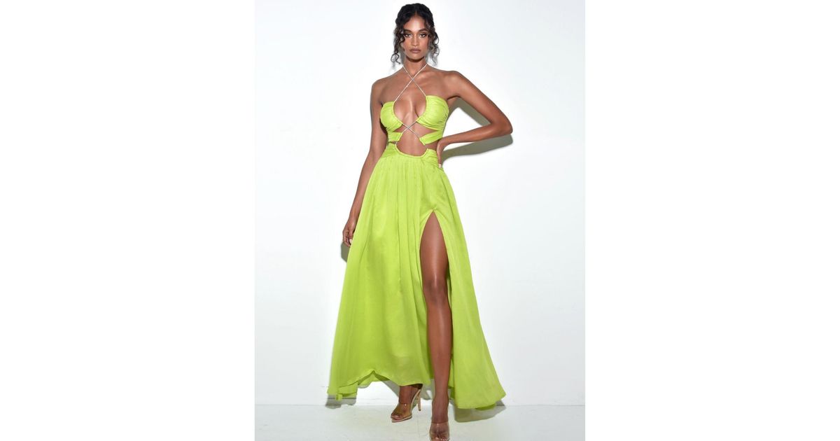 Miss Circle Quinby Lemon Chiffon Pleated Lace Up Maxi Dress in Green | Lyst
