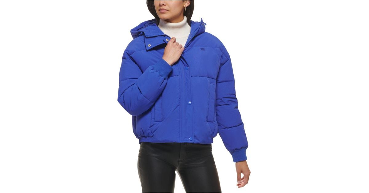 Levi's Synthetic Cinch Waist Hooded Puffer Coat in Blue Lyst