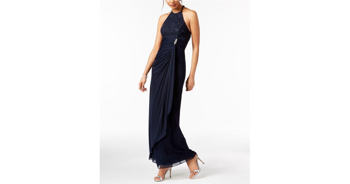 Betsy & Adam B&a By Ruched Sequined-lace Halter Gown in Navy (Blue) - Lyst