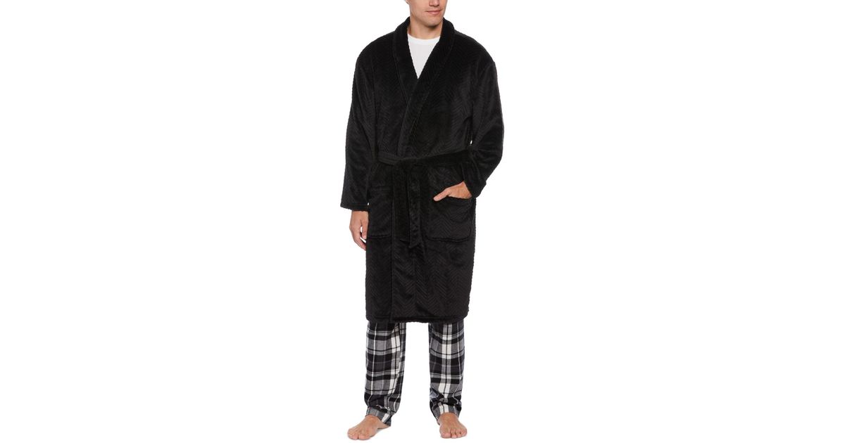 Perry Ellis Portfolio Herringbone Textured Fleece Robe in Black for Men ...
