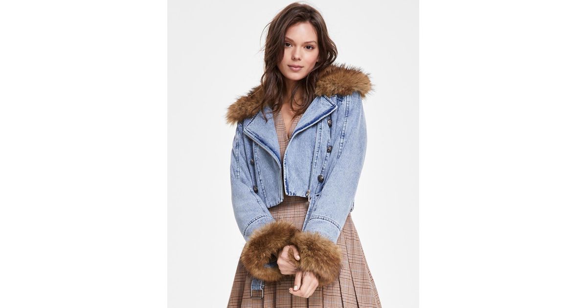 Avec Les Filles Faux Fur Trim Denim Moto Jacket in Blue Lyst