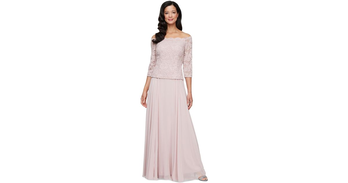 Alex Evenings Off The Shoulder Floral Evening Dress in Blue