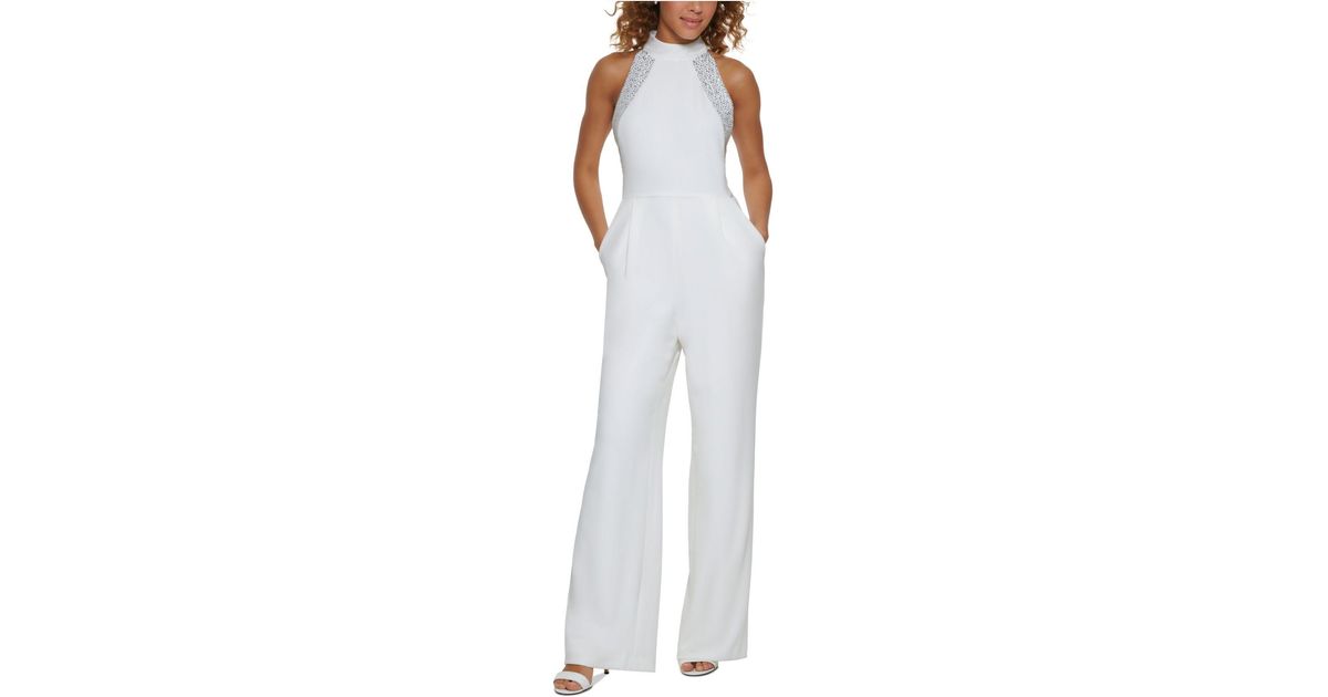 Calvin Klein Rhinestonebeaded Halterneck Jumpsuit in White Lyst