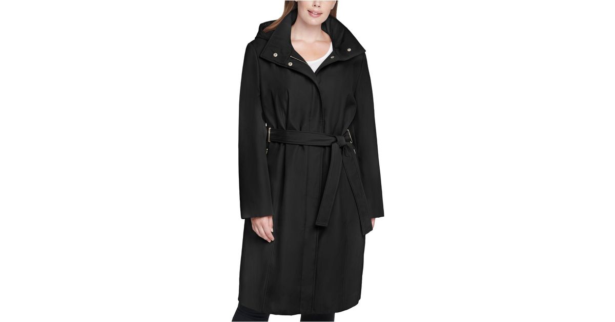 Calvin Klein Synthetic Plus Size Hooded Belted Raincoat in Black - Lyst