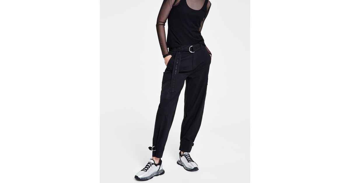 DKNY Belted Mixed Media Cargo Pants in Black | Lyst