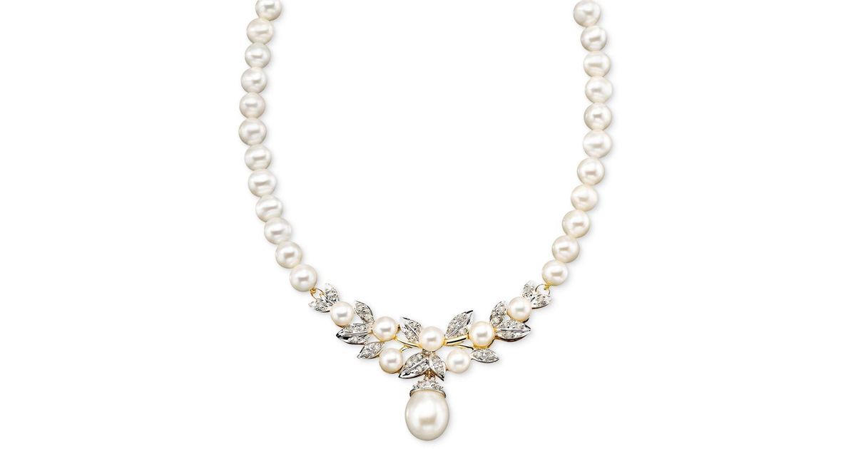 Macy's 14k Gold Necklace, Cultured Freshwater Pearl And Diamond (3/8 Ct