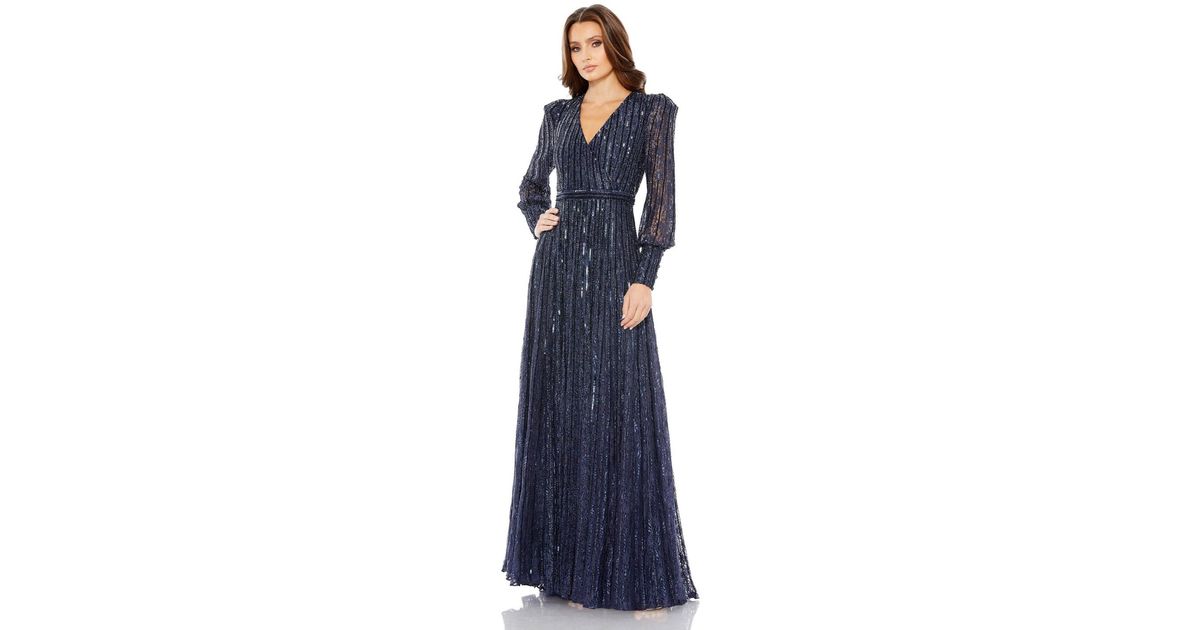 Mac Duggal Beaded Lace Long Sleeve Wrap Over Gown in Blue Lyst