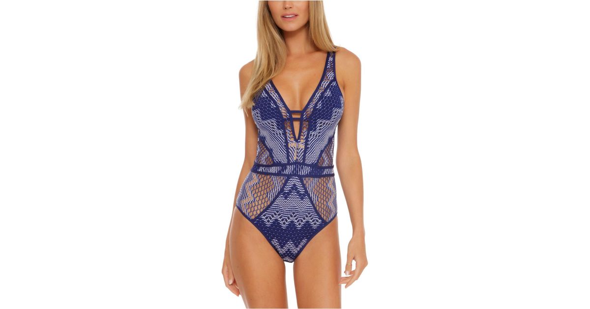 Becca Synthetic Reveal Crochet Plunge neck One piece Swimsuit In Blue 