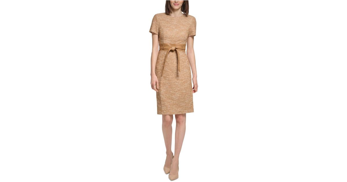 Calvin Klein Tweed Belted Sheath Dress in Natural Lyst
