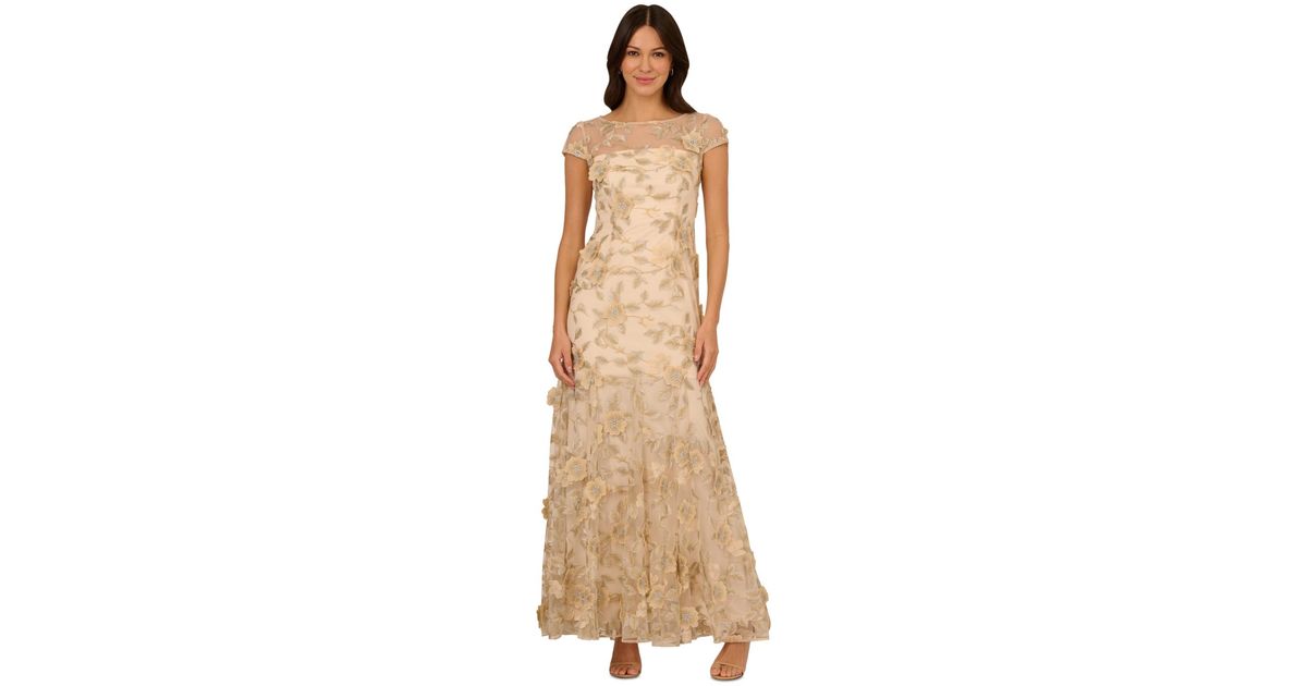 knee length dresses for ladies Light Champagne Floral Beaded Mermaid Gown With Flutter Cap Sleeves main image 1