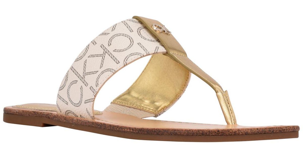 Calvin Klein Barb Flat Thong Sandals In Beige Gold Tone Metallic Lyst