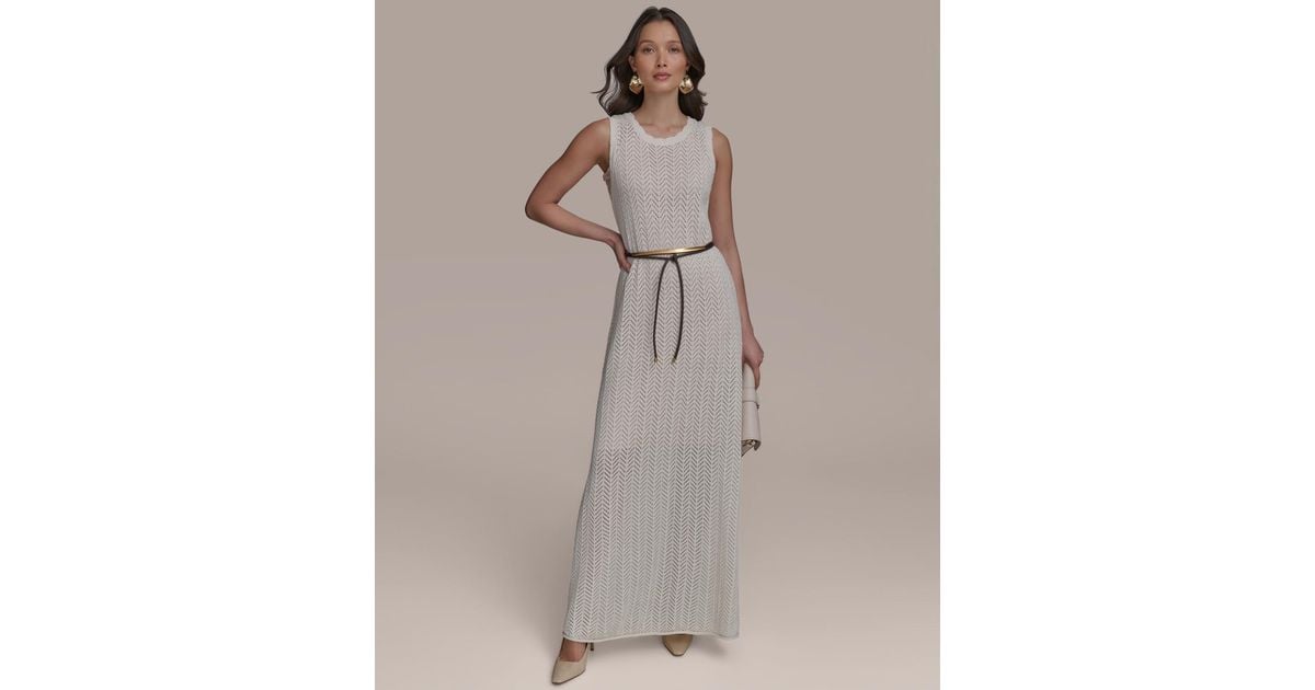 Donna Karan Pointelle Knit Belted Dress in Natural | Lyst