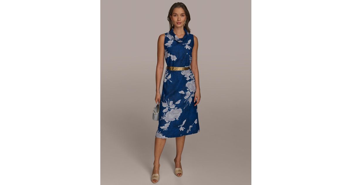 Donna Karan Missy Cowl Neck Belted Sheath Dress in Blue | Lyst