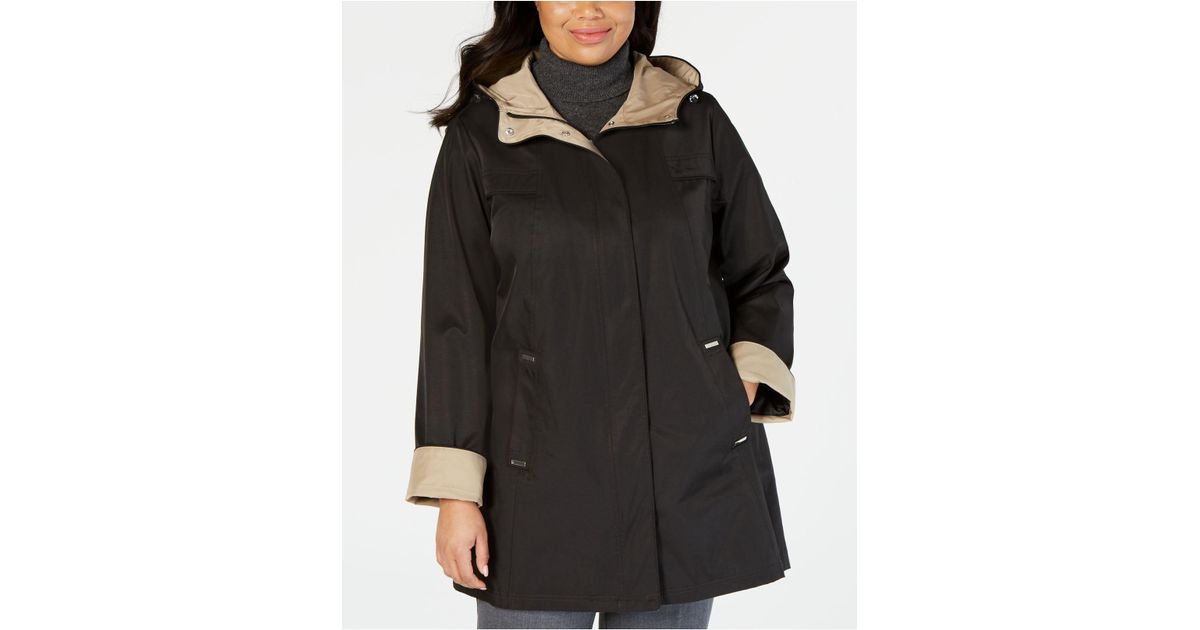 Jones New York Cotton Plus Size Hooded Color Block Raincoat In Black Lyst Plus Size Hooded Color Block Raincoat, Jones New York Petite Textured Faux Fur Coat Macy S