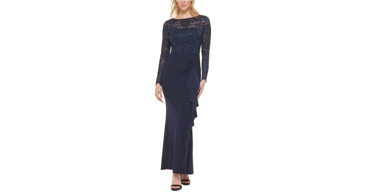 Jessica Howard Sequined Lace-top Gown in Navy (Blue) | Lyst