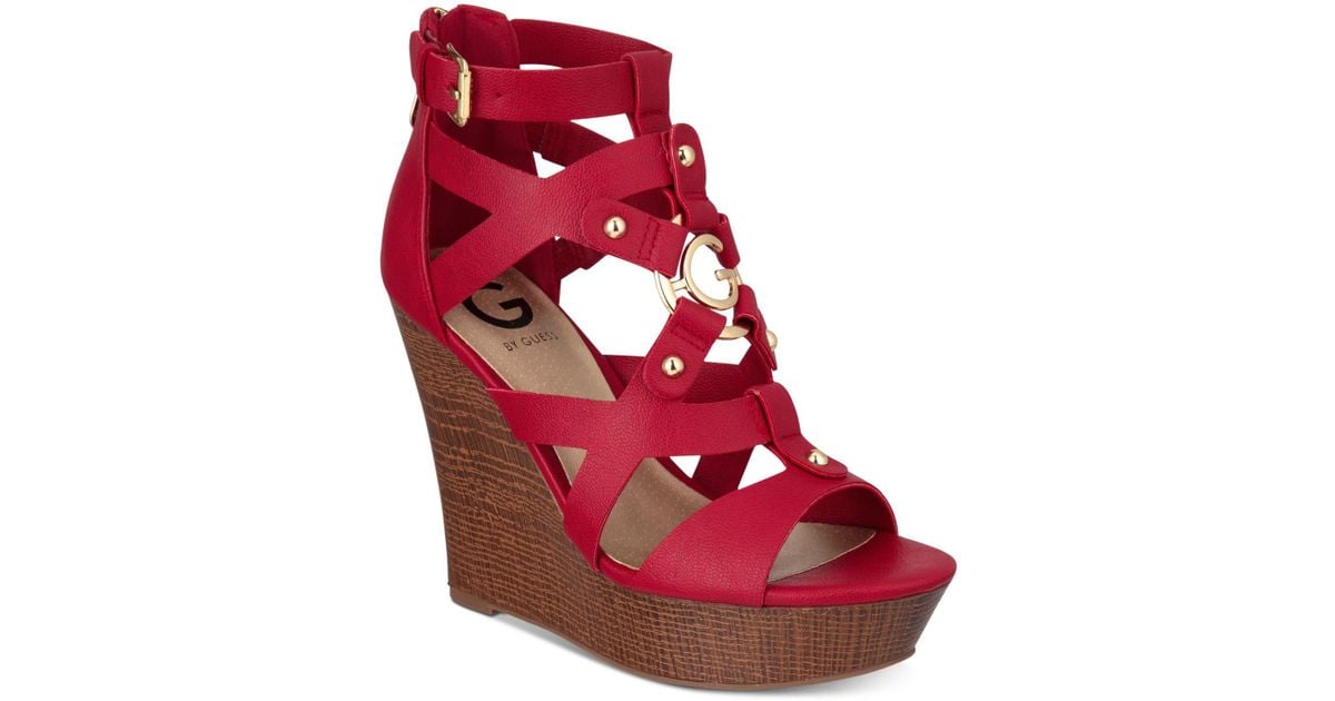 G by Guess Dodge Platform Wedge Sandals in Dark Red (Red) | Lyst
