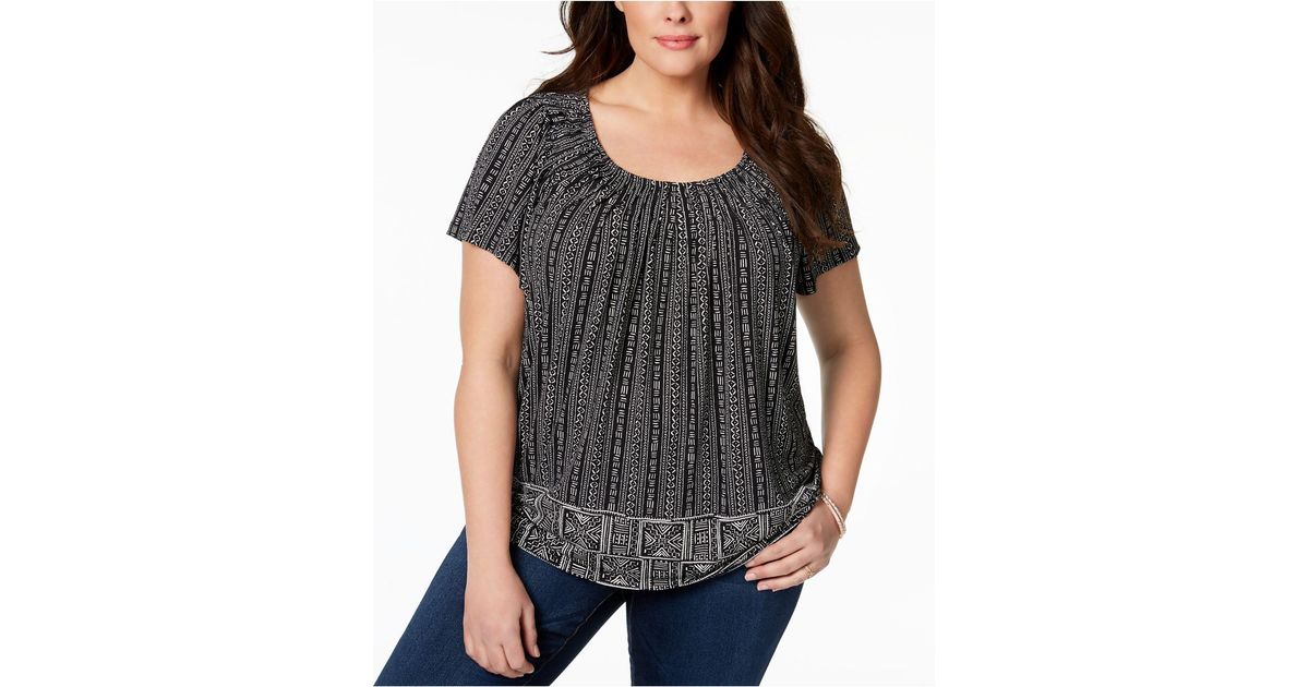 Style & Co. Plus Size Print Pleated-neck Top, Created For Macy's