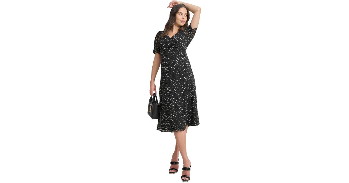 DKNY ★【ドレス】Polka Dot Belted Midi Dress 実用性の一着 Belted Polka Dot Wrap Effect Midi Dress | A-Line Dress
