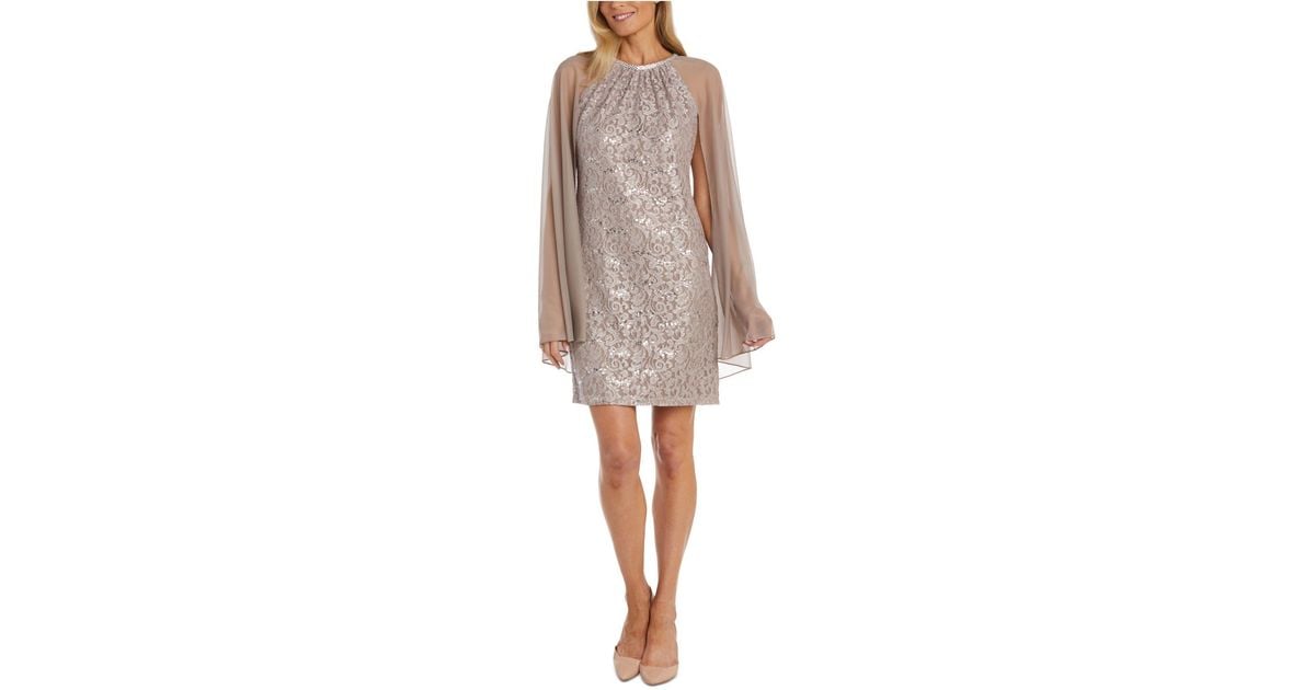 R & M Richards Sequinned Lace Dress With Chiffon Cape in Natural | Lyst