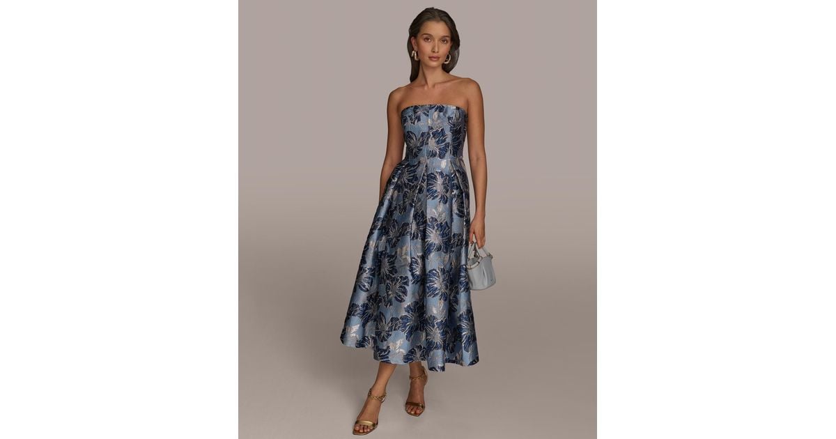 Donna Karan Jacquard Strapless A-line Dress in Blue | Lyst