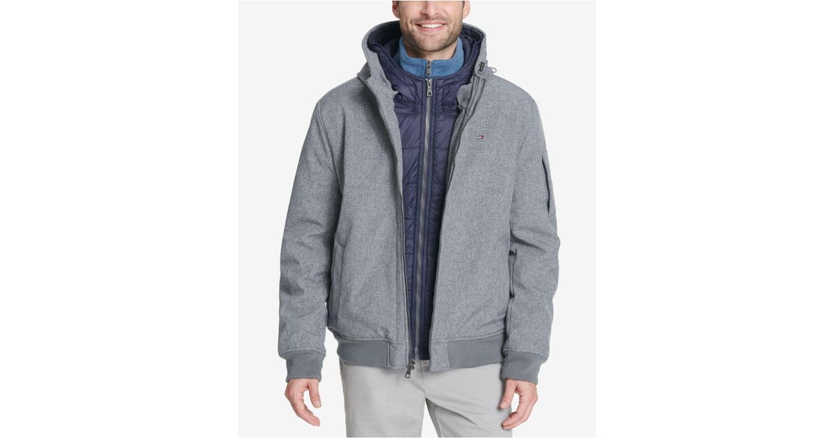 Tommy Hilfiger Soft-shell Hooded Bomber Jacket With Bib in Gray for Men |  Lyst