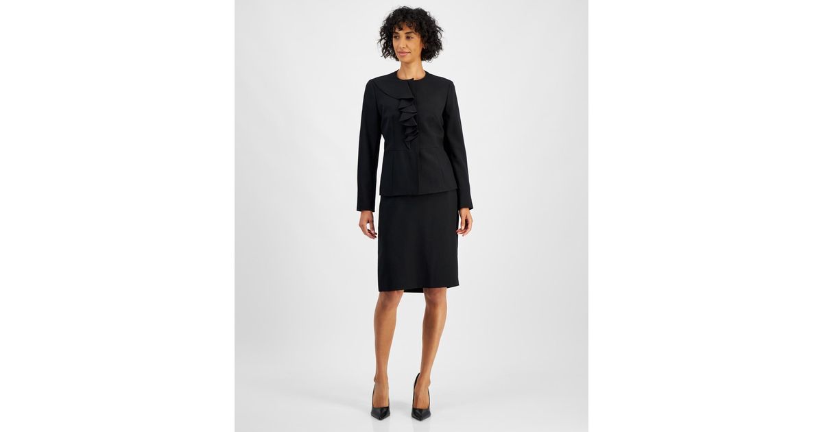 Le Suit Petite Cascade Ruffle Skirt Suit in Black Lyst