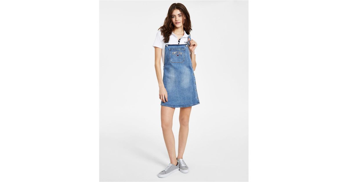 Tommy Hilfiger Embroidered Varsity Logo Denim Overall Dress in Blue - Lyst
