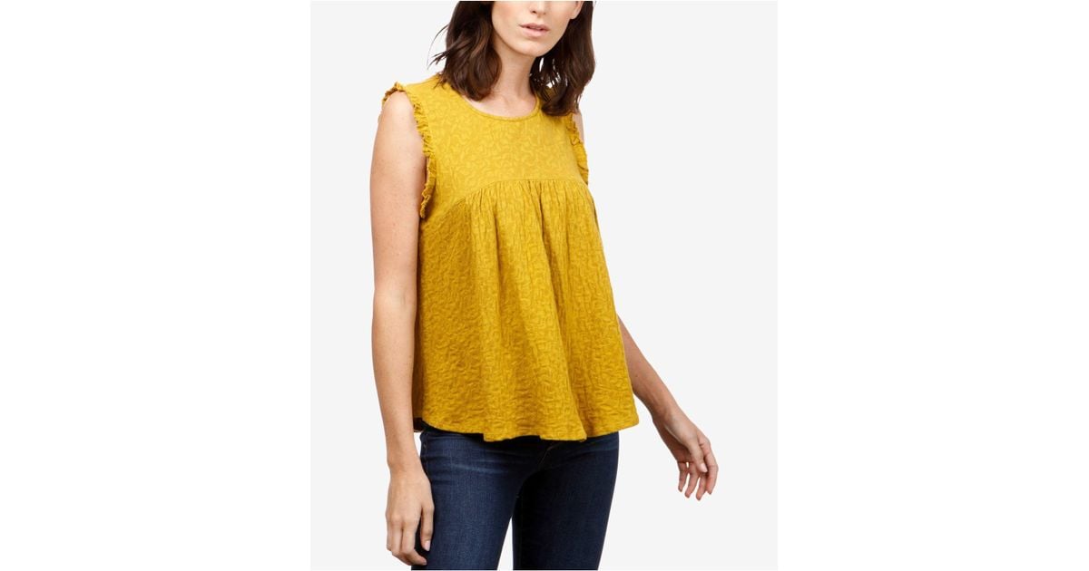 NWT Lucky Brand Beautiful Cotton Golden Yellow Knit Crochet Lace Shirt Top L $90