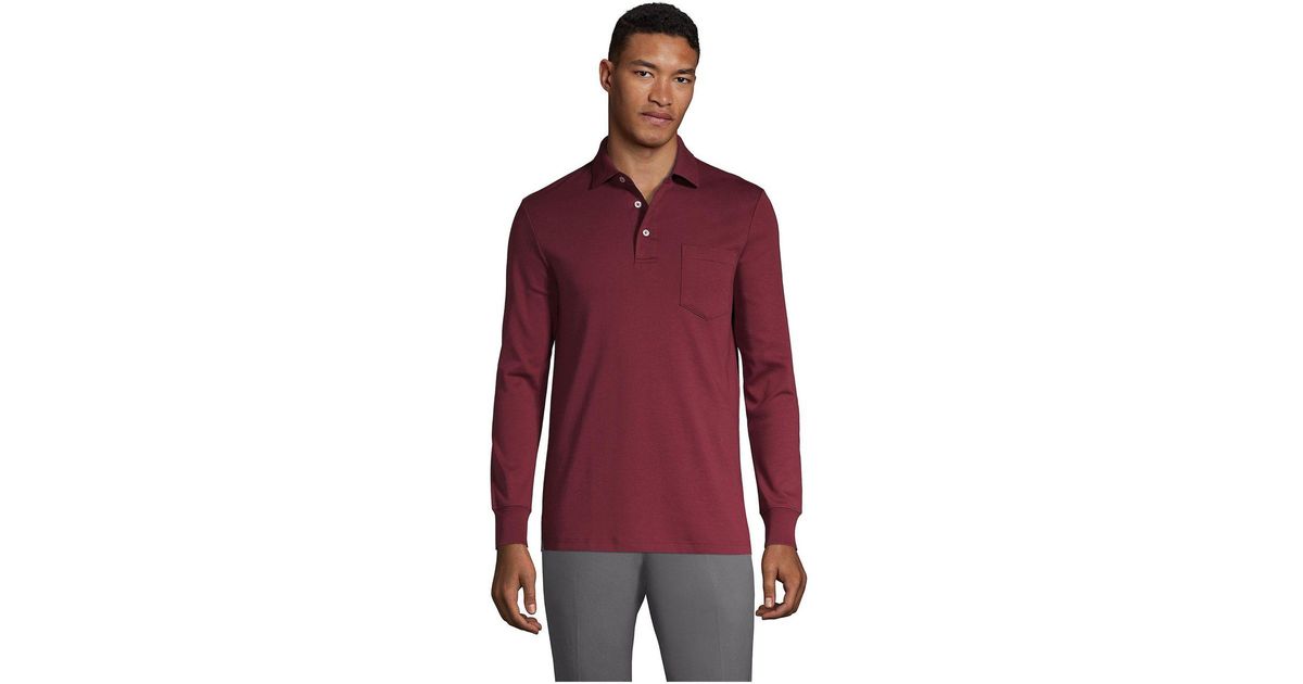 Lands' End Long Sleeve Super Soft Supima Polo Shirt With Pocket in Red
