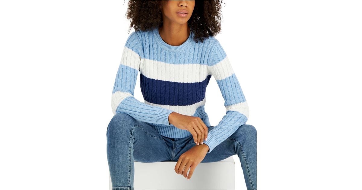 Tommy Hilfiger Cotton Striped Cableknit Sweater in Blue Lyst