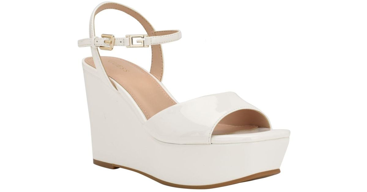Guess Zione Square Toe Midwedge Buckle Sandals in White Lyst