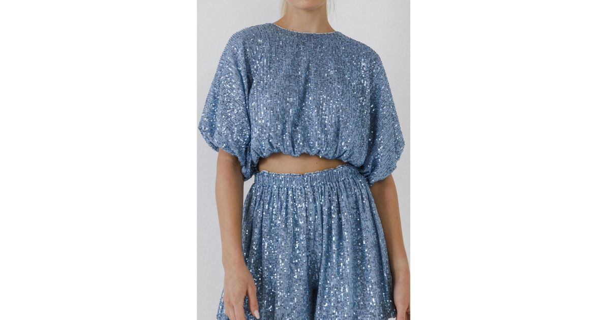 Endless Rose Sequins Cropped Puff Top in Blue Lyst