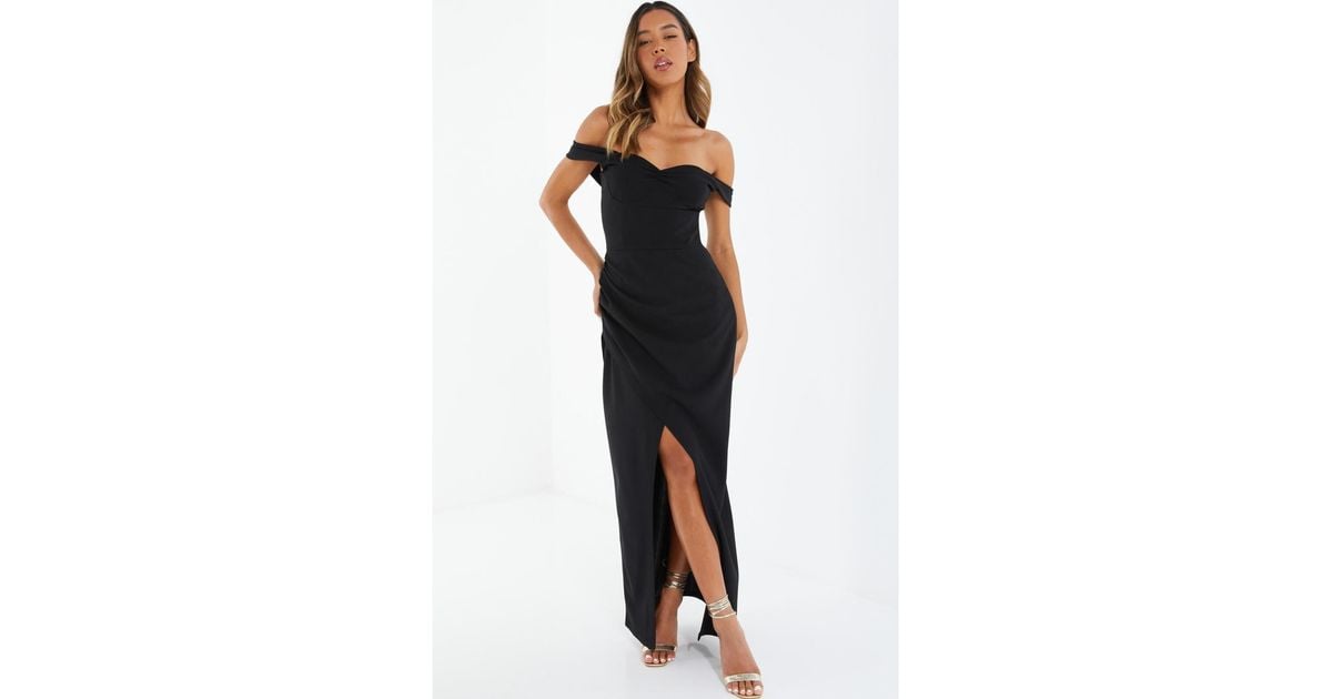 Quiz Bardot High Slit Maxi Dress in Black | Lyst