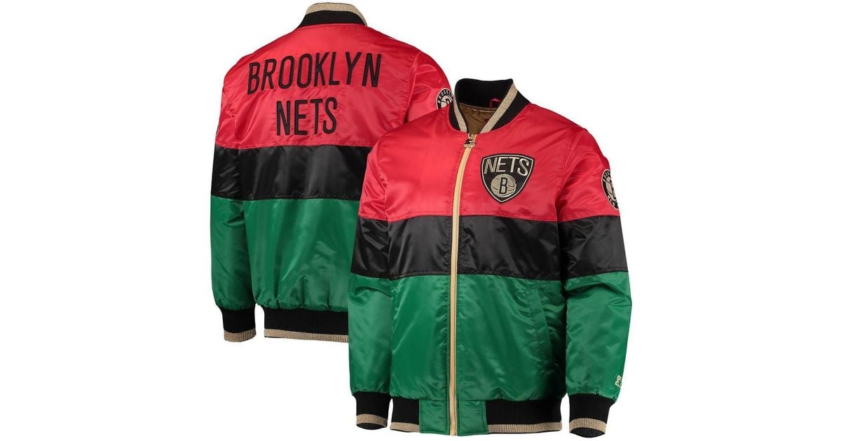 Starter Satin Red And Black And Green Brooklyn Nets Black History Month