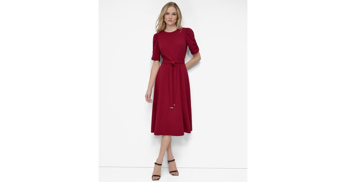 DKNY Ruched-sleeve Belted Fit And Flare Midi Dress in Red | Lyst DKNY Ruched-sleeve Belted Fit And Flare Midi Dress in Red | Lyst