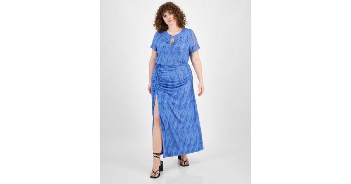 Bar Iii Plus Size Printed Keyhole Mesh Top Ruched Slit Front Mesh Maxi ...