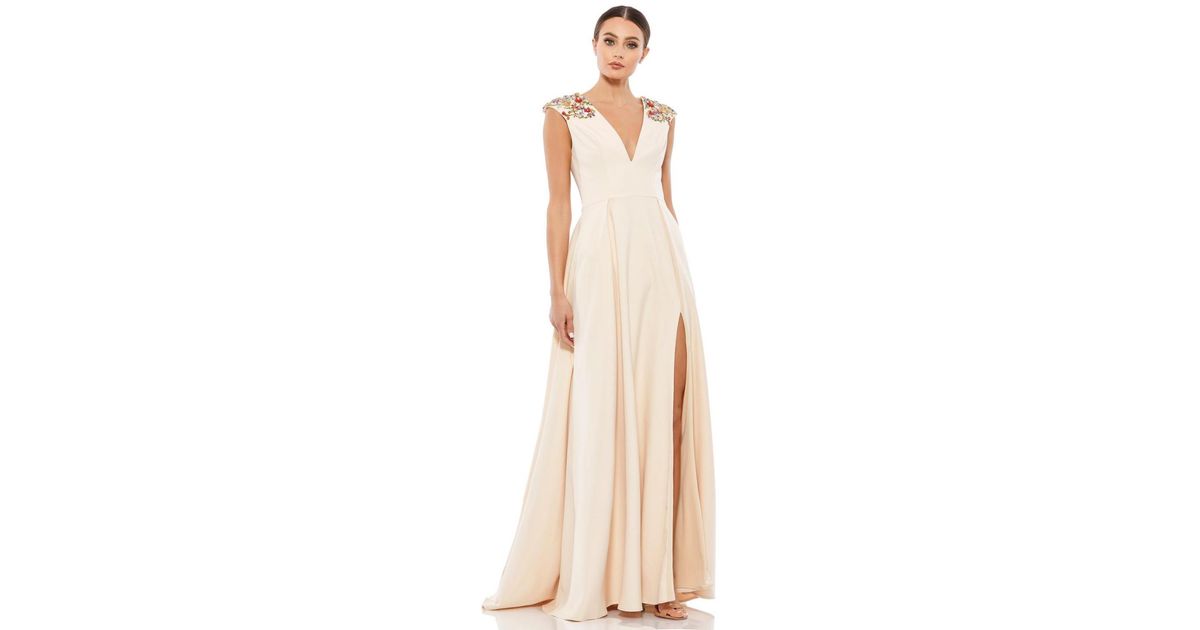 Mac Duggal Ieena Beaded Cap Sleeve V Neck A Line Gown in Natural | Lyst