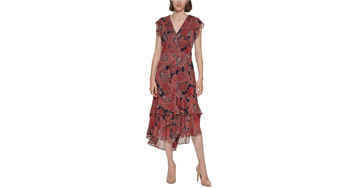 Tommy Hilfiger Synthetic Paisley Flutter-sleeve Dress in Red | Lyst