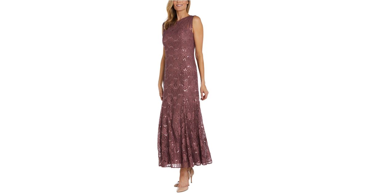 R & M Richards Long Embellished Illusion-detail Lace Gown in Purple | Lyst
