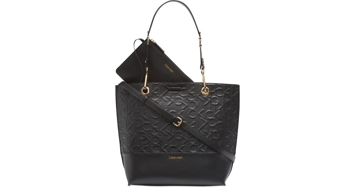 Calvin Klein Signature Reversible Tote With Pouch In Black Gold Black Lyst