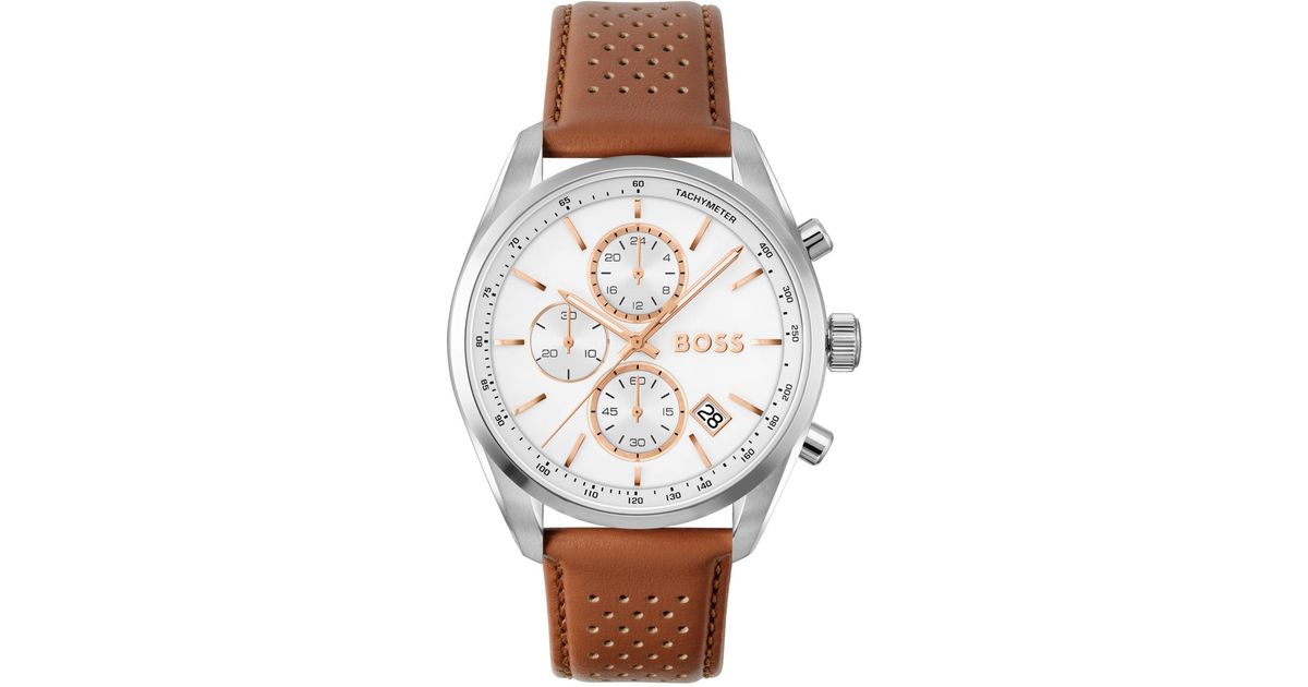 BOSS Grand Prix 44 Quartz Chrono Leather Watch in Gray for Men | Lyst